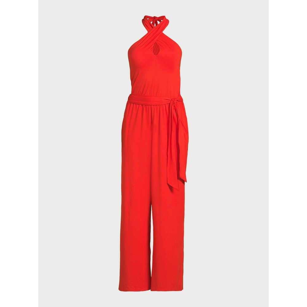 Sofia Jeans Womens Jumpsuit Size S Red Halter Cross Neck Pockets Self Tie Waist